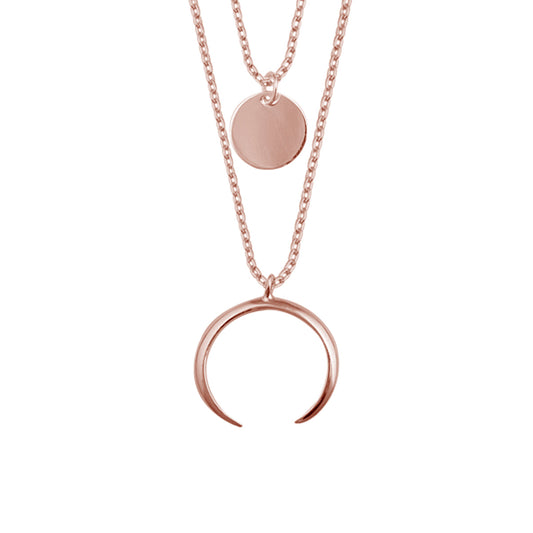 Rose Gold Plated 168官方幸运5澳洲结果体彩网&澳洲幸运5体彩官网&168幸运5开奖历史记录&168网澳洲幸运5 sterling silver  Multi Double Layer Round Disc Horn Crescent Pendant Necklace