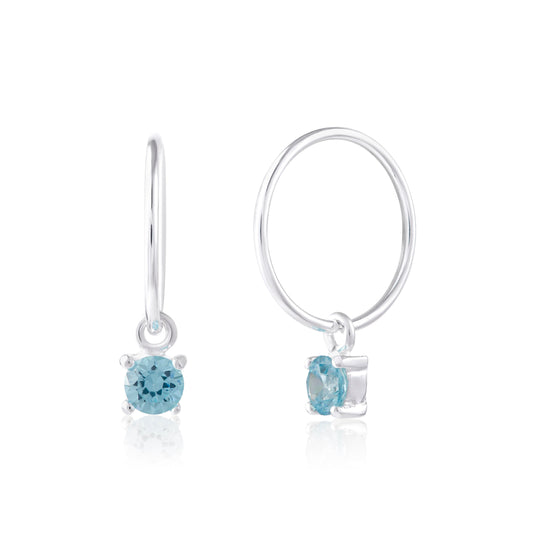 Sterling Silver Aquamarine CZ March 12mm Charm Hoop Earrings