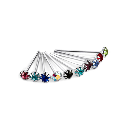 10 x Sterling Silver Multi-Colour CZ Straight End 22Ga Nose Studs