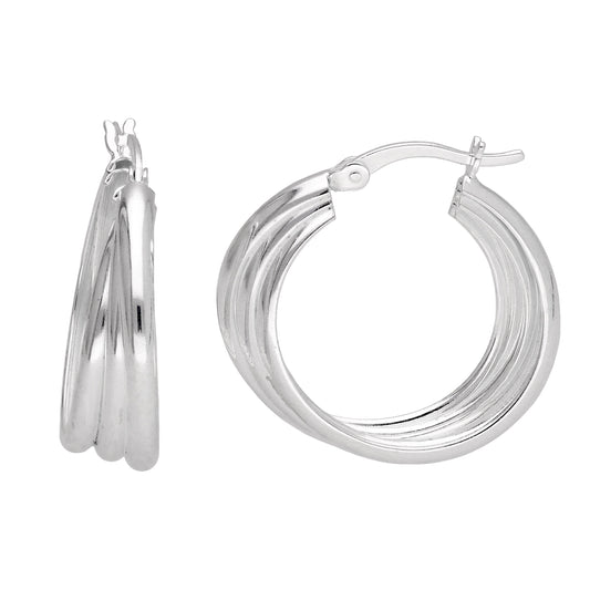 Sterling Silver Interlocking Round Triple Twist Rope Creole Hoop Earrings