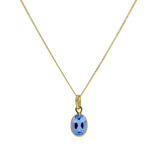 9ct Gold & Aquamarine CZ Crystal Oval Pendant Necklace 16-20 Inches