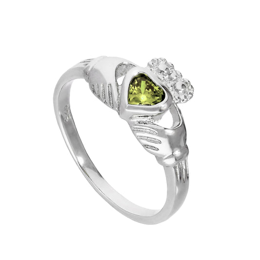 Sterling Silver & Peridot CZ Crystal August Birthstone Claddagh Ring Sizes I - U