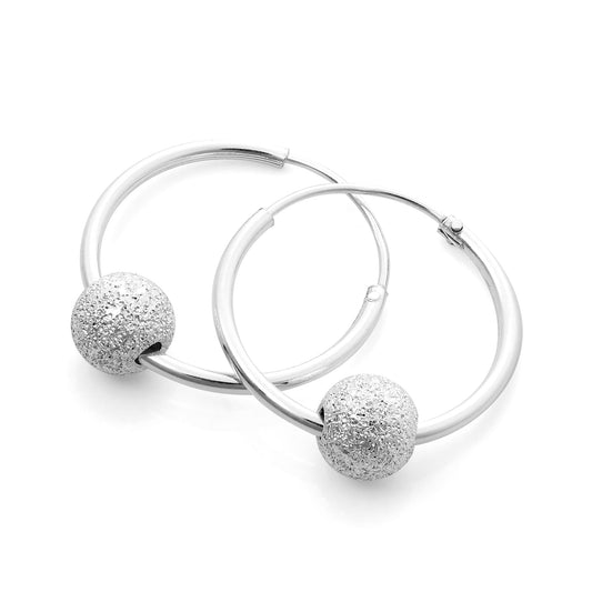 Sterling Silver 18mm Lightweight Sleeper Hoop Earrings with Frosted Bead