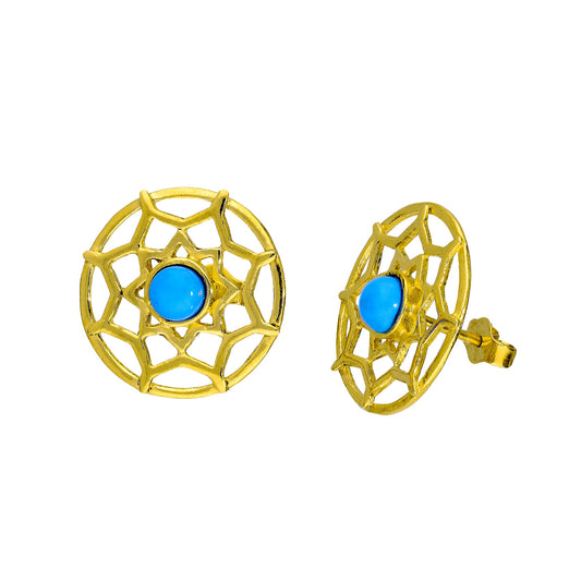 Gold Plated Sterling Silver & Blue Enamel Dreamcatcher Earrings