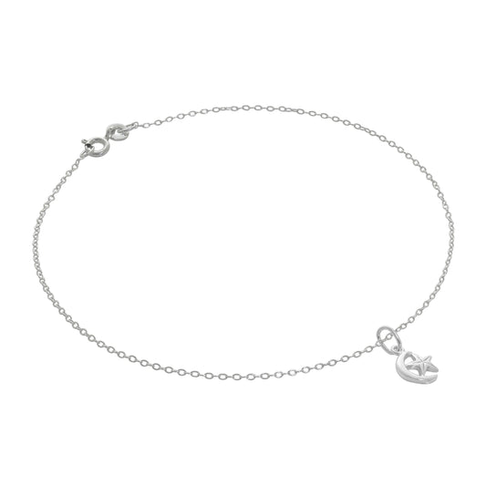 Fine Sterling Silver Belcher Anklet with Tiny Moon & Star Charm - 10 Inches