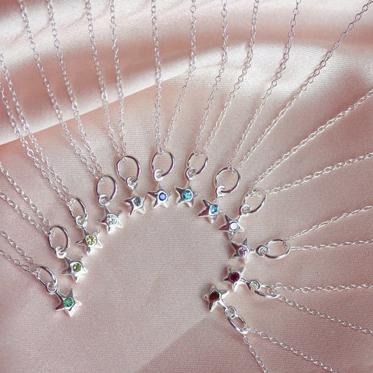 Fine Sterling Silver Belcher Anklet with CZ Crystal Birthstone Star Charm - 10 Inches