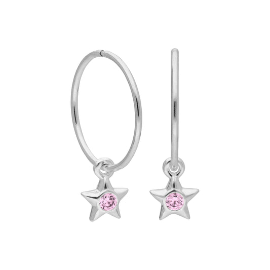 Sterling Silver CZ Crystal Birthstone Star 10 - 22mm Sleeper Hoop Earrings