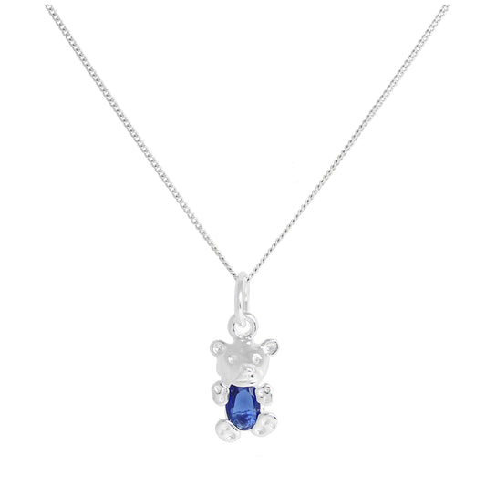 Sterling Silver September Sapphire CZ Birthstone Bear Necklace 14 - 32 Inches